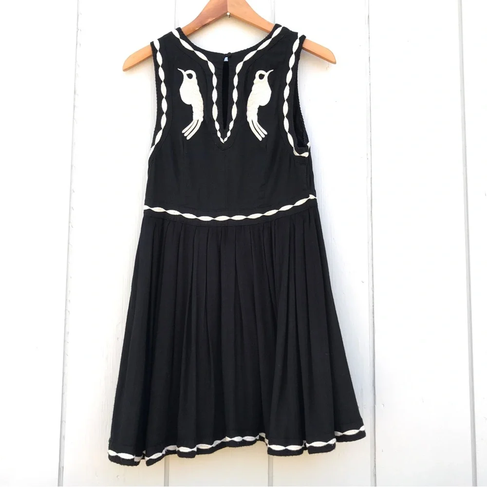 Free People Black Dress with Cream Bird Embroidery